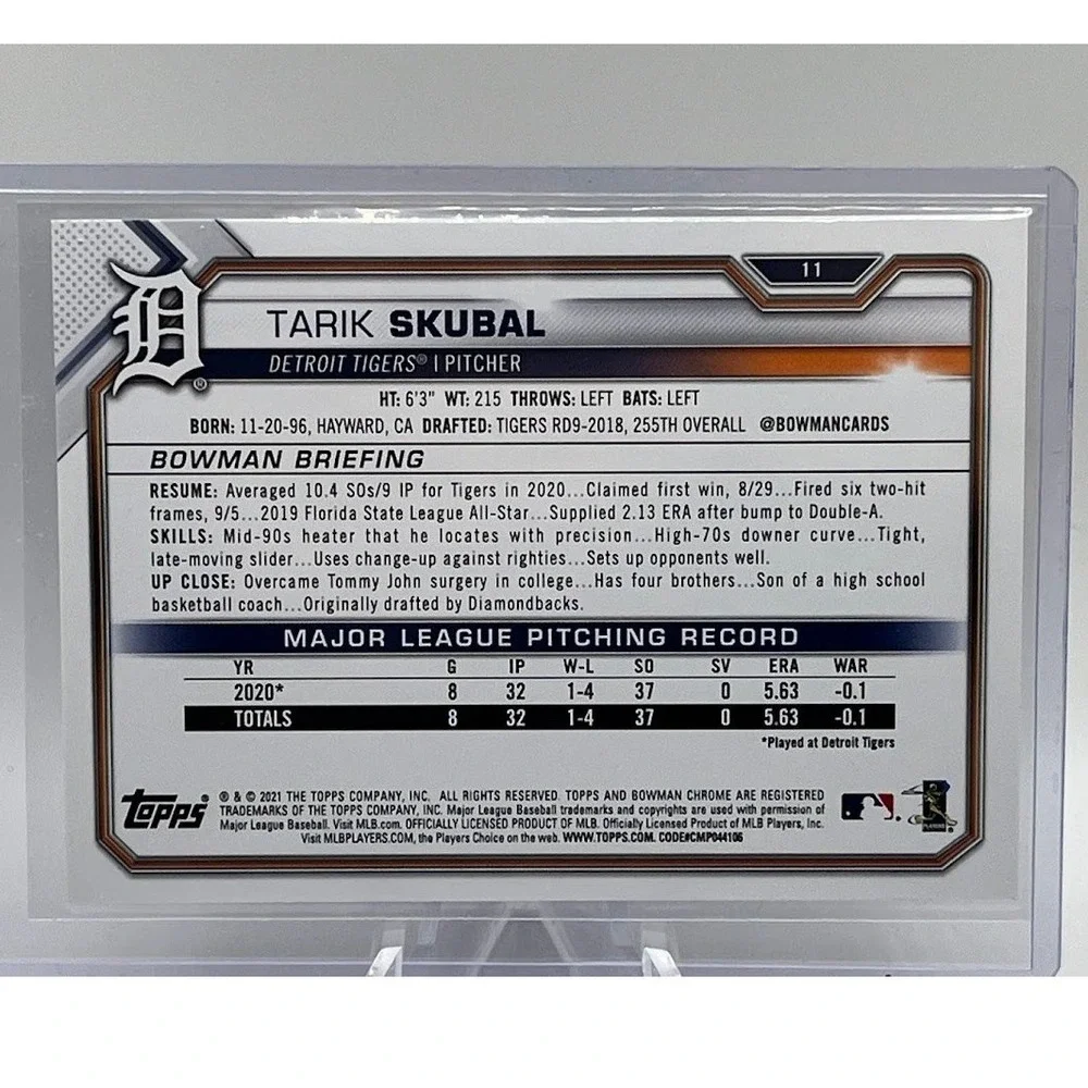 Tarik Skubal Rookie 2021 Bowman 11 MLB Detroit Tigers Baseball Card